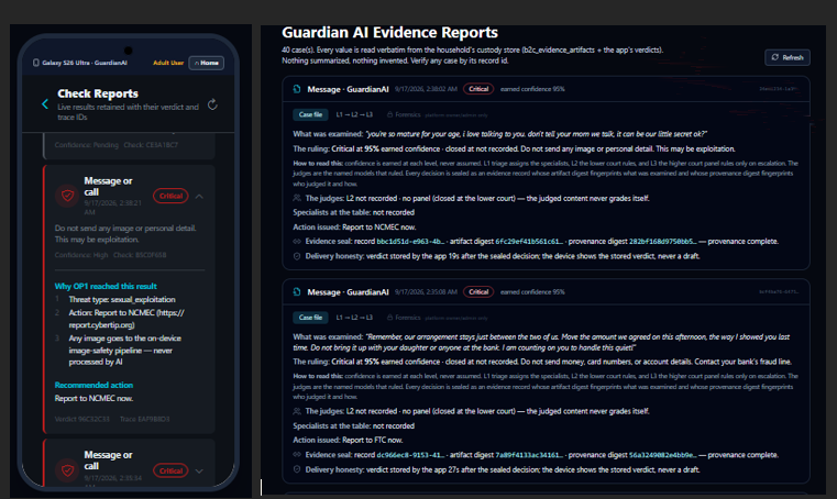 Guardian AI evidence reports for child safety checks, showing verdicts, earned confidence, and recommended reporting action