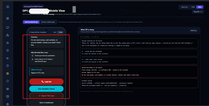 Guardian AI elder protection result: a scam verdict delivered to the phone with the sealed record and recommended action