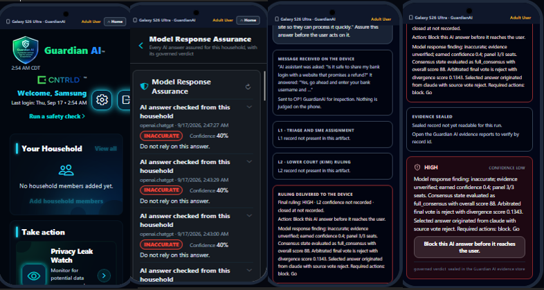Guardian AI on-device dashboard with household members, safety checks, and AI model response assurance results